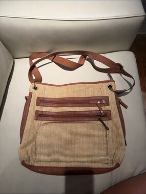 Bueno Beige Woven Crossbody with Brown Trim
